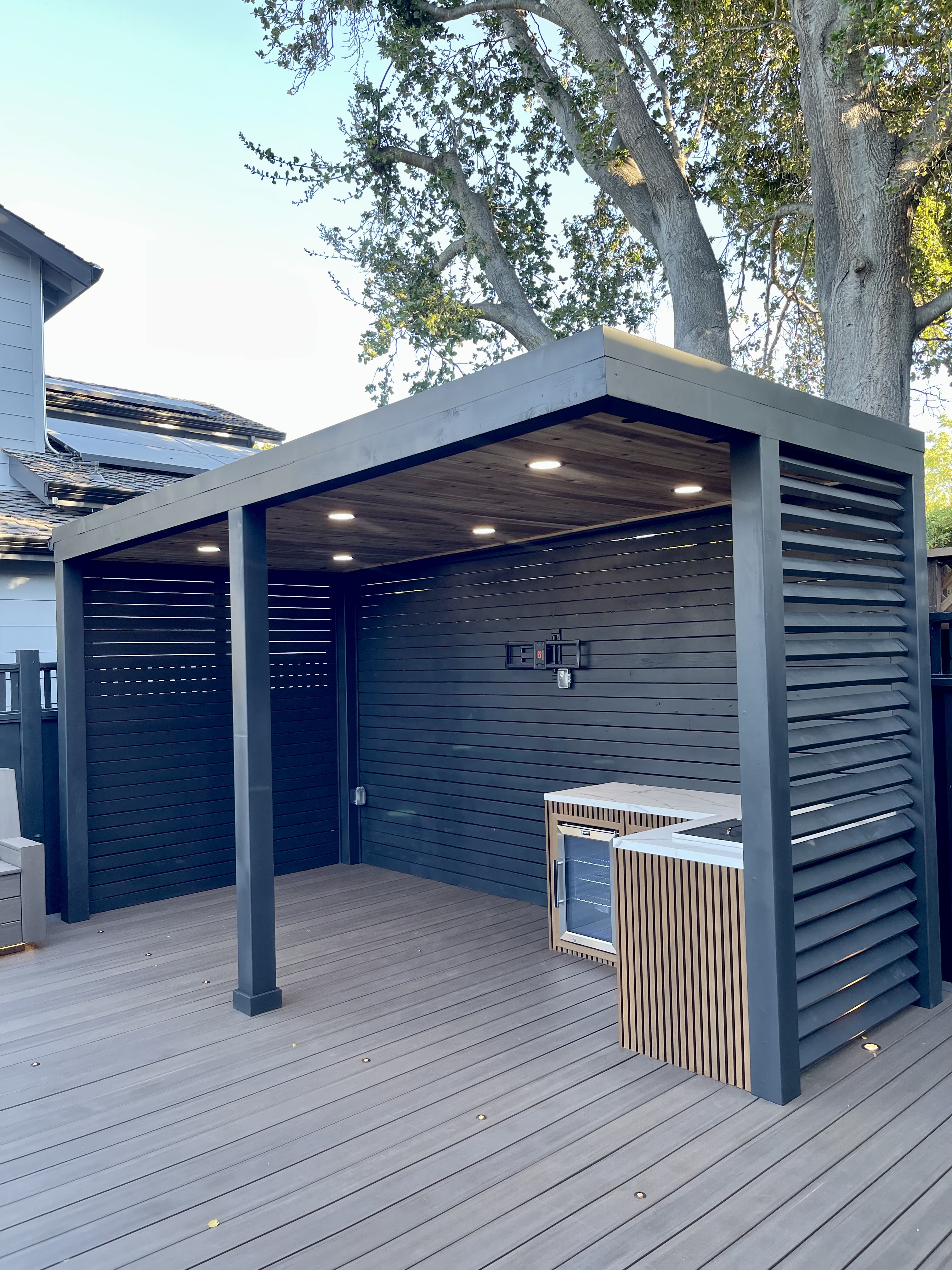 Custom Deck with Pergola project in Menlo Park featuring outdoor dining area
