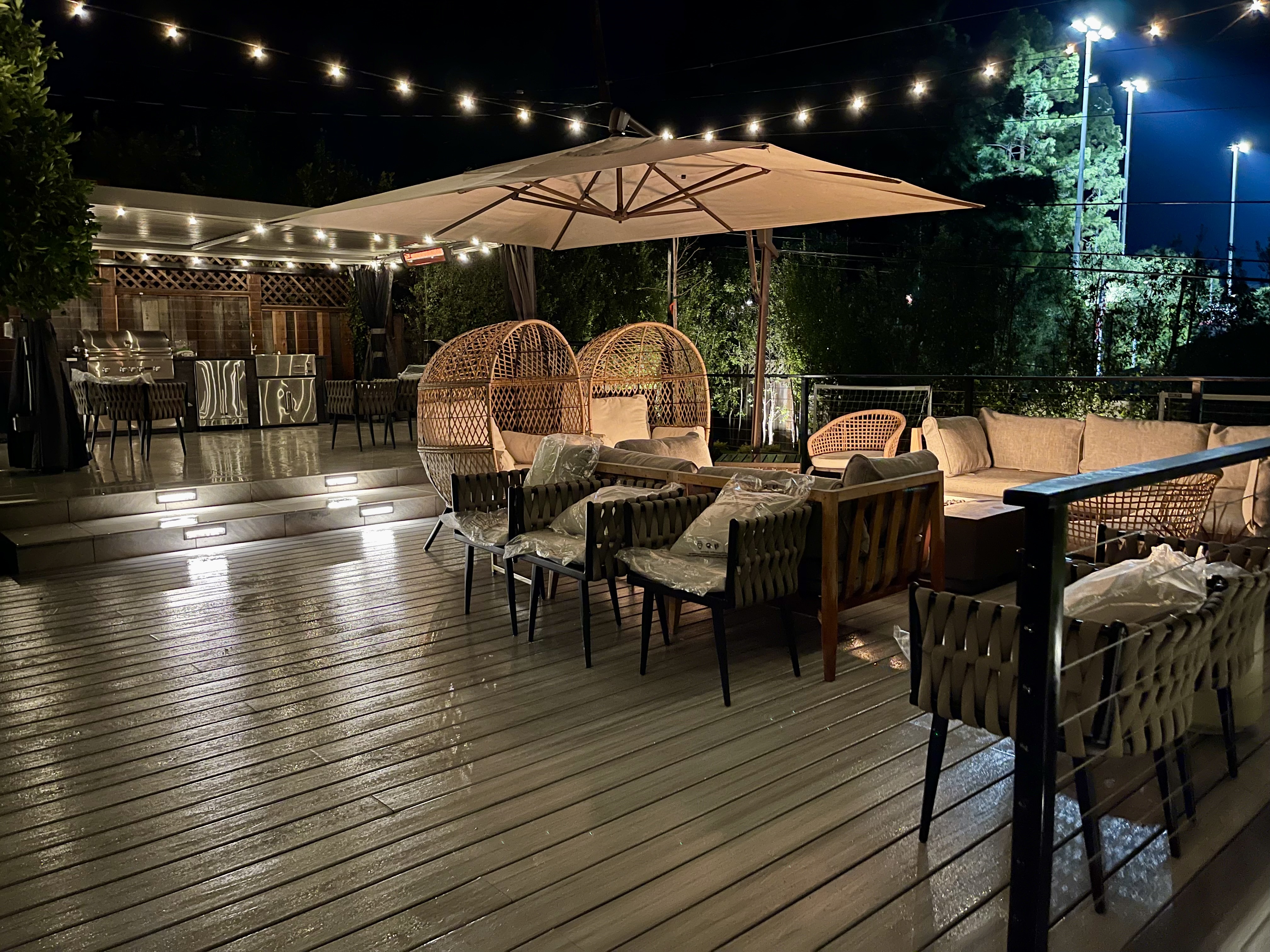 Custom redwood deck with outdoor seating area